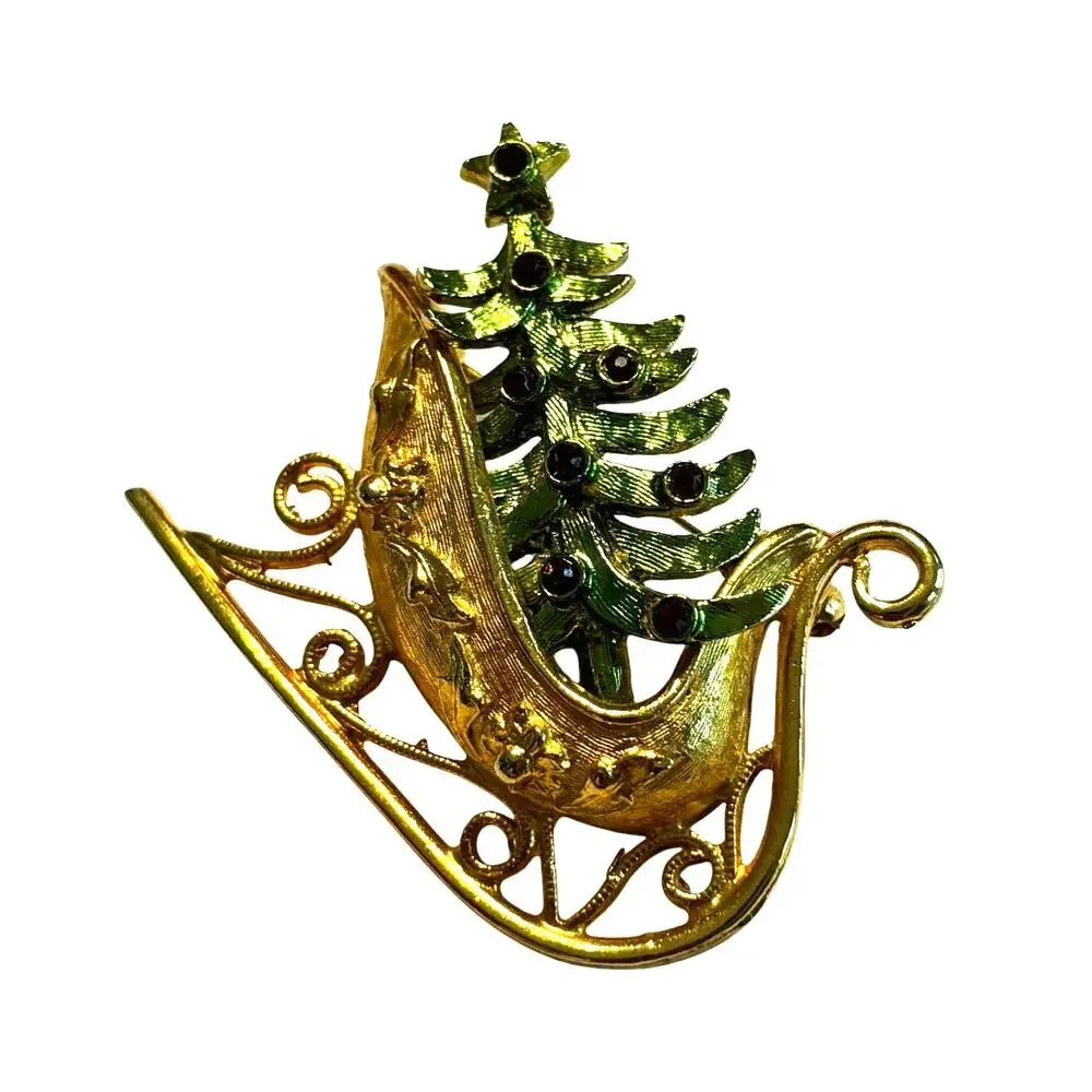 Vintage Christmas brooch sleigh gold with green tree & red ornaments signed MYLU